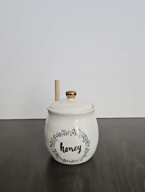Threshold White Stoneware Honey Jar with Floral Accent
